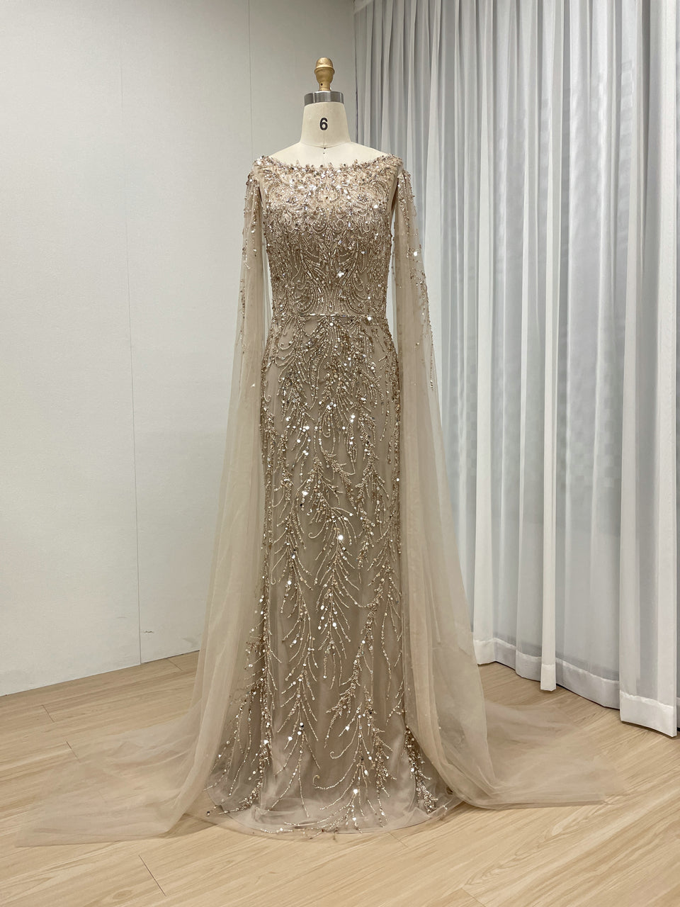 Hot Selling Boat Neck Handmade Beading Cape Long Sleeve Wedding Party Evening Dress MB40386