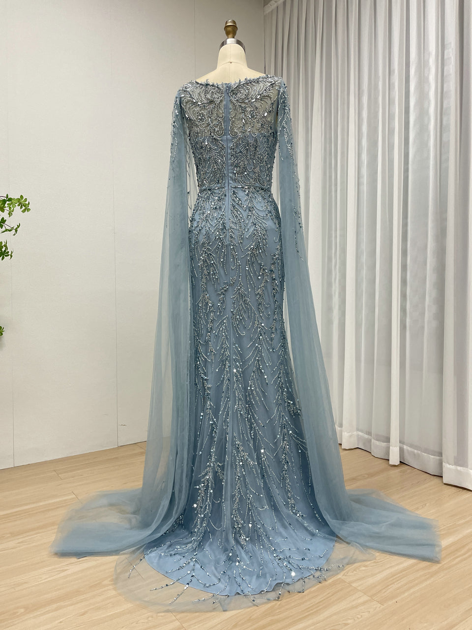 Hot Selling Boat Neck Handmade Beading Cape Long Sleeve Wedding Party Evening Dress MB40386