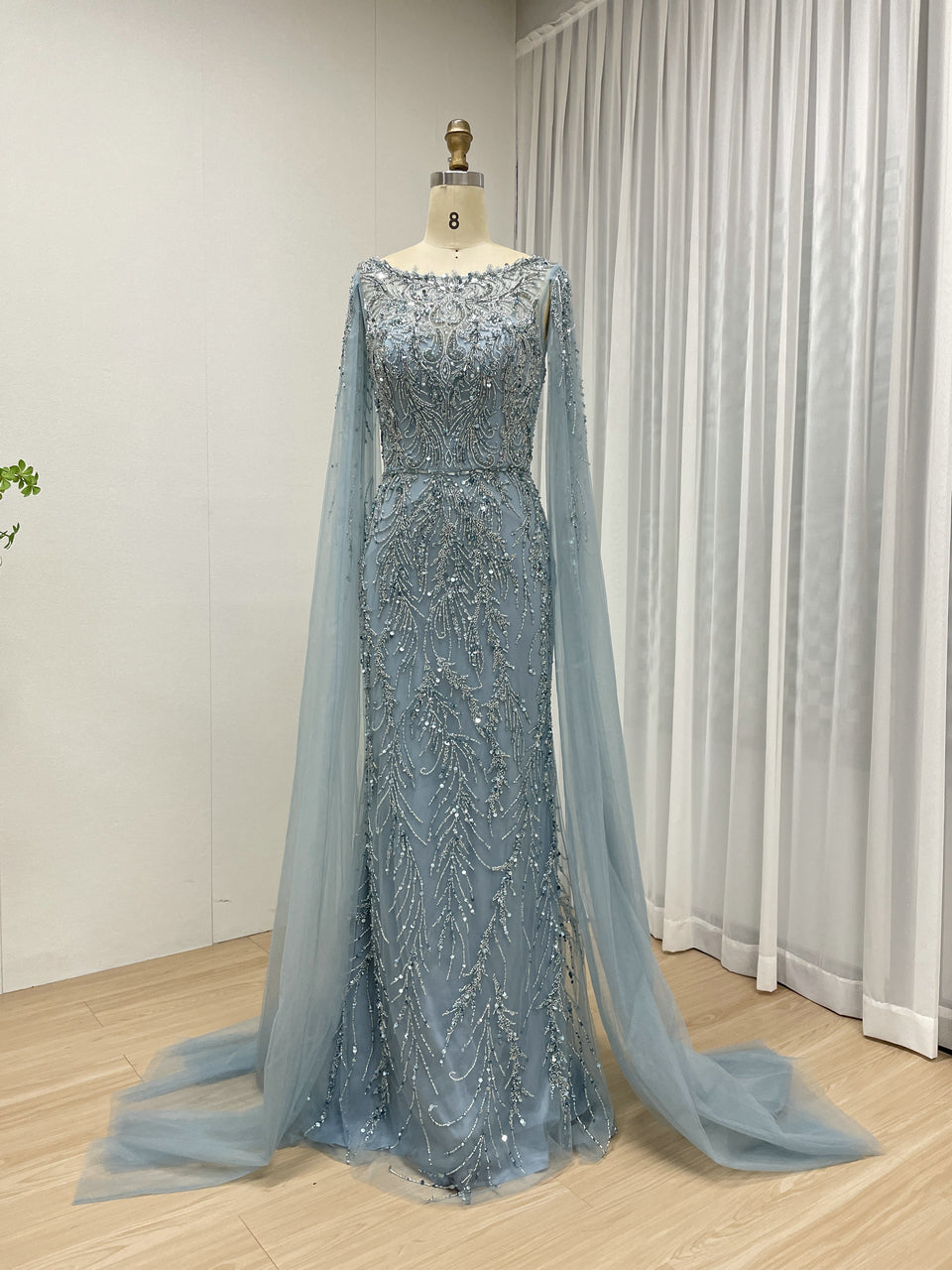 Hot Selling Boat Neck Handmade Beading Cape Long Sleeve Wedding Party Evening Dress MB40386