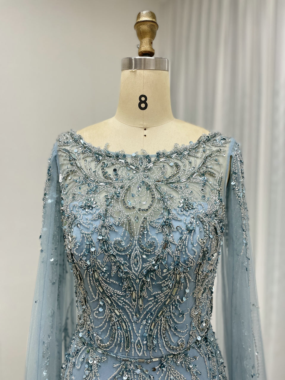Hot Selling Boat Neck Handmade Beading Cape Long Sleeve Wedding Party Evening Dress MB40386