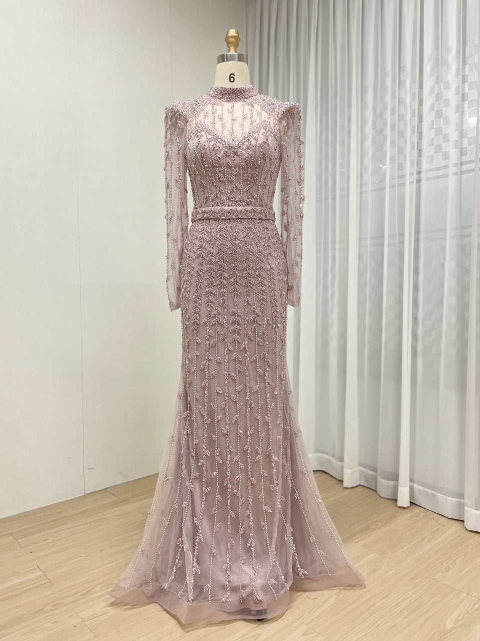 Elegant Handmade Beading Halter Neck 2025 Long Sleeve Wedding Party Mother Dress MB40388