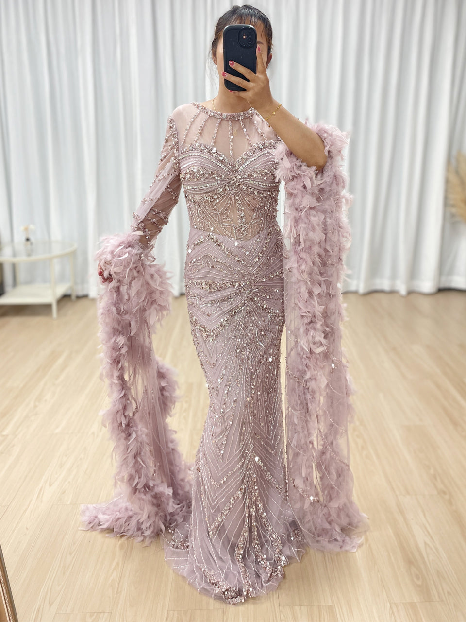 Luxury Couture Feather Long Sleeve Dubai Wedding Party Evening Dress MB40389