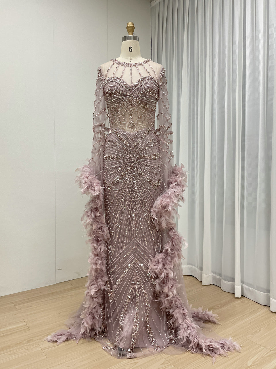 Luxury Couture Feather Long Sleeve Dubai Wedding Party Evening Dress MB40389