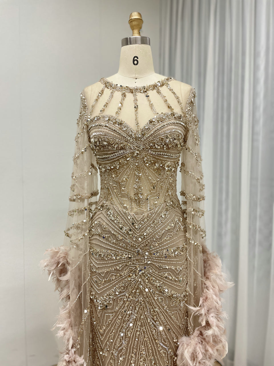 Luxury Couture Feather Long Sleeve Dubai Wedding Party Evening Dress MB40389