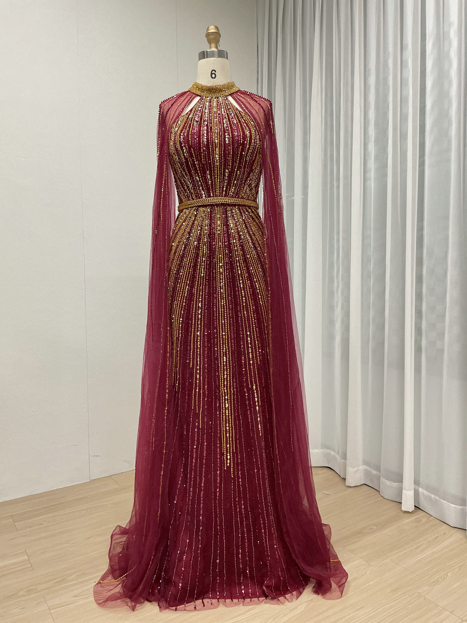 Hot Selling Cape Long Sleeve Handmade Beading Body Fitted Wine Mother Of Bridal Dress MB40390