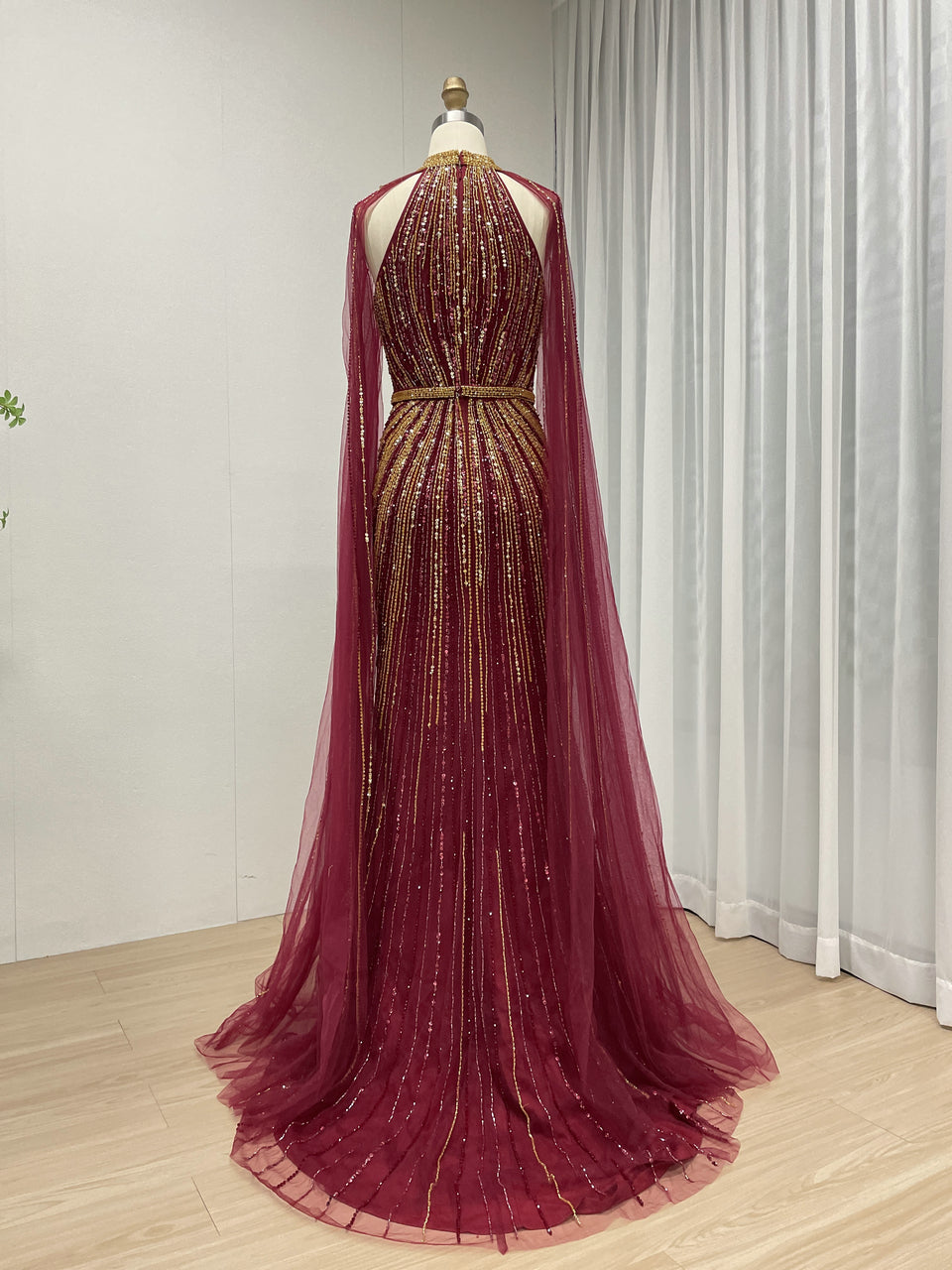 Hot Selling Cape Long Sleeve Handmade Beading Body Fitted Wine Mother Of Bridal Dress MB40390