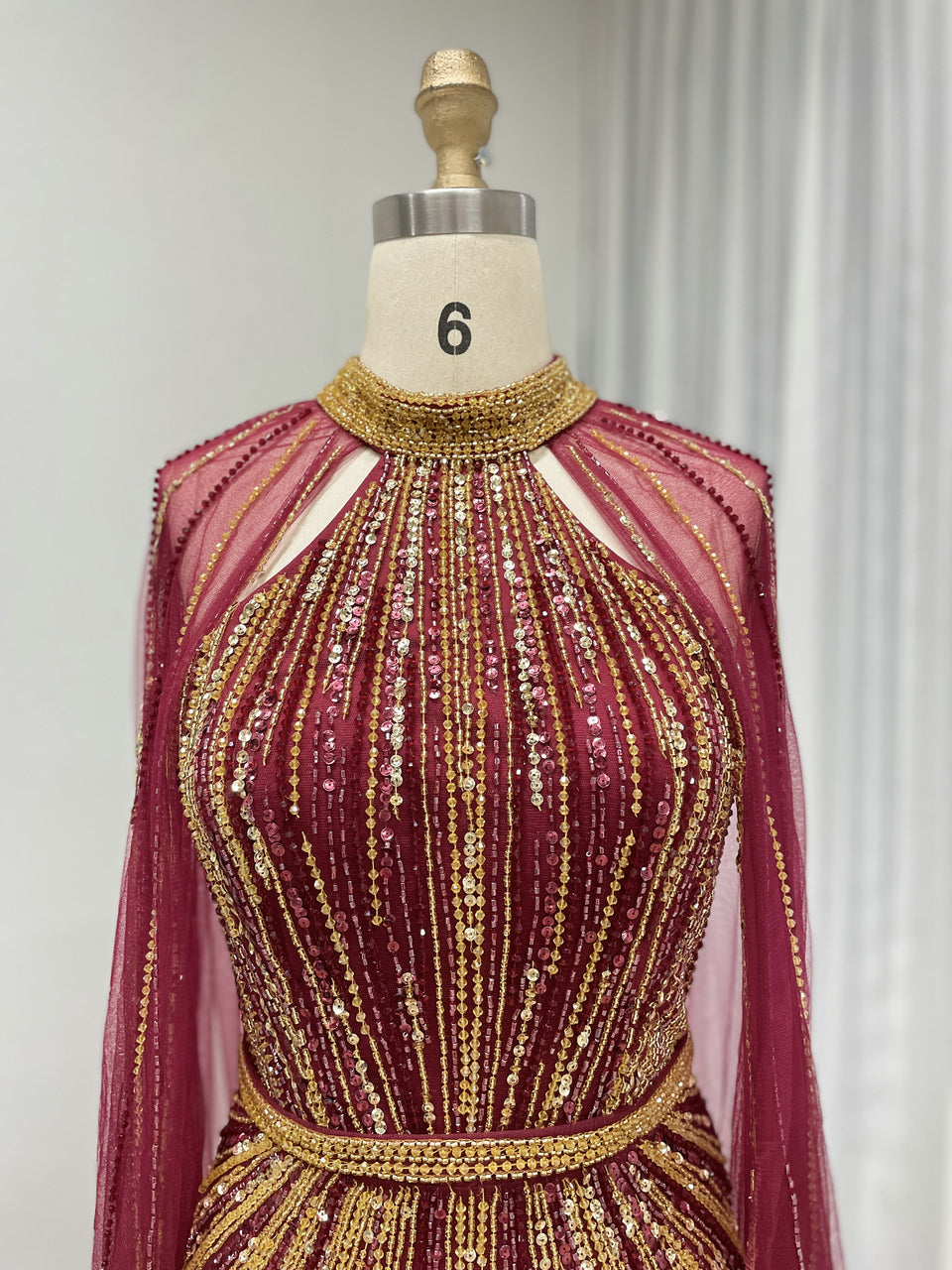 Hot Selling Cape Long Sleeve Handmade Beading Body Fitted Wine Mother Of Bridal Dress MB40390