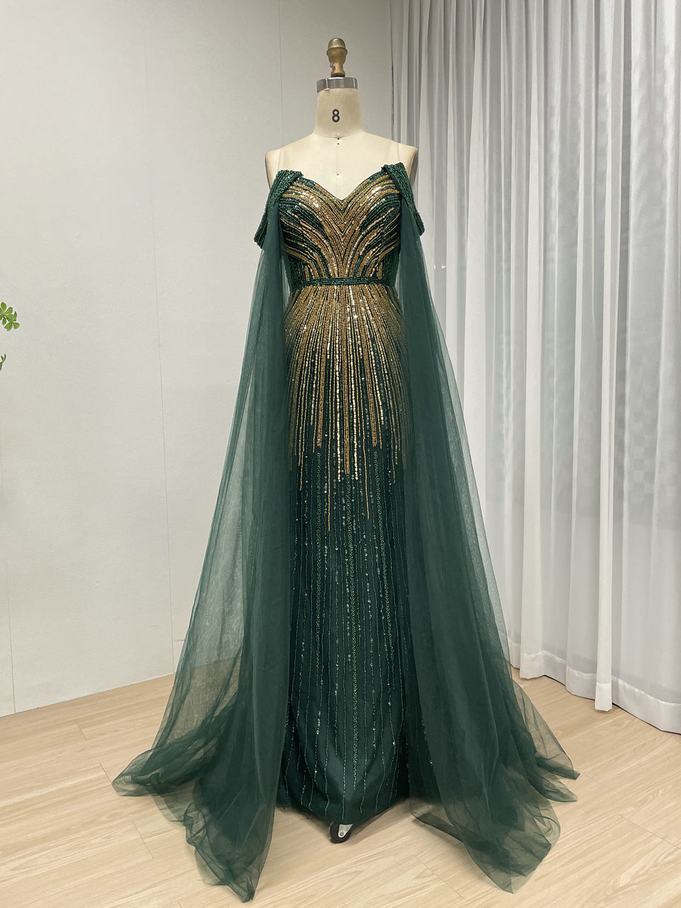 Elegant Off Shoulder Mix Color Beading Royal Blue Cape Sleeve Wedding Party Evening Dress MB40391