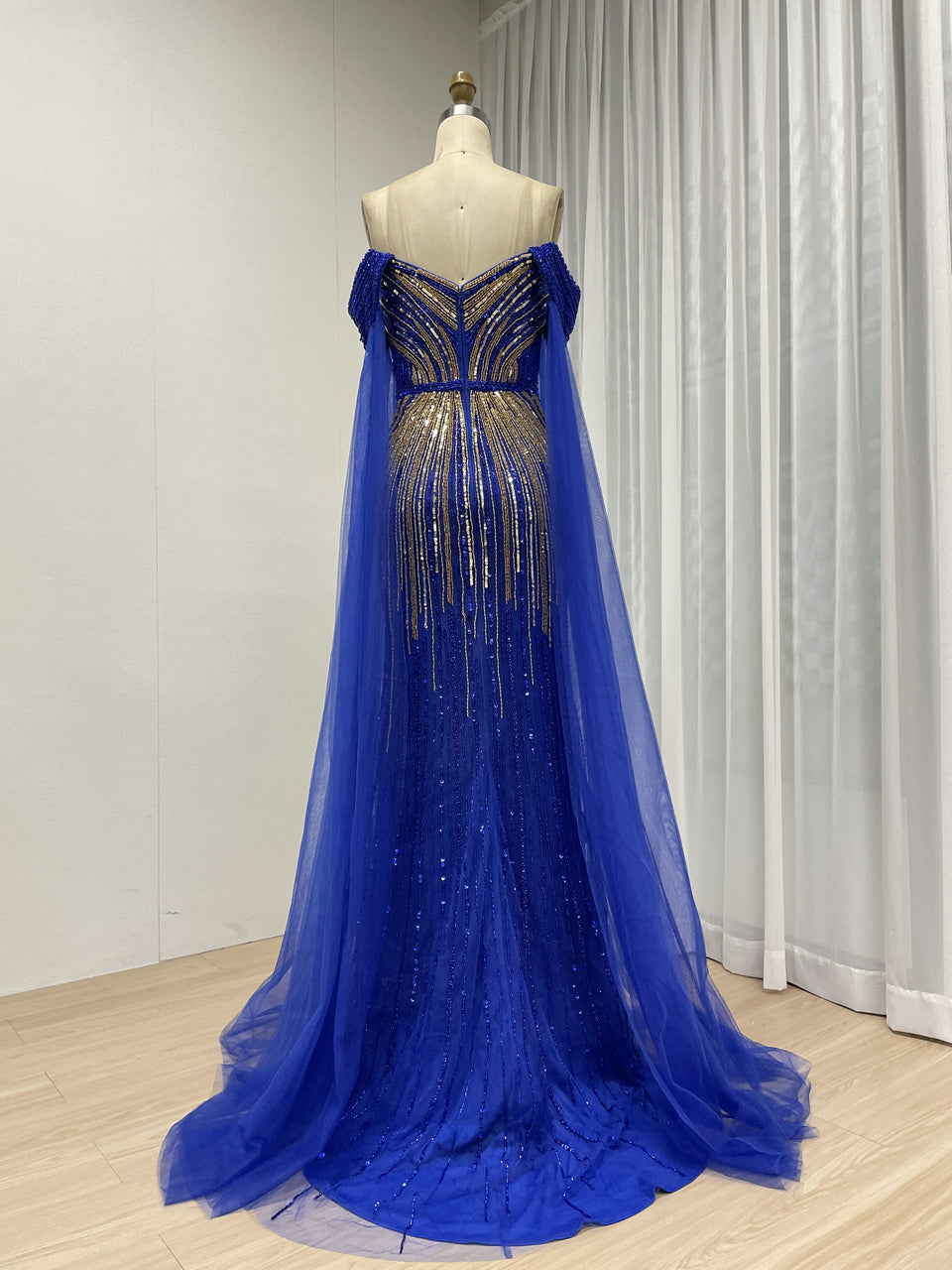 Elegant Off Shoulder Mix Color Beading Royal Blue Cape Sleeve Wedding Party Evening Dress MB40391