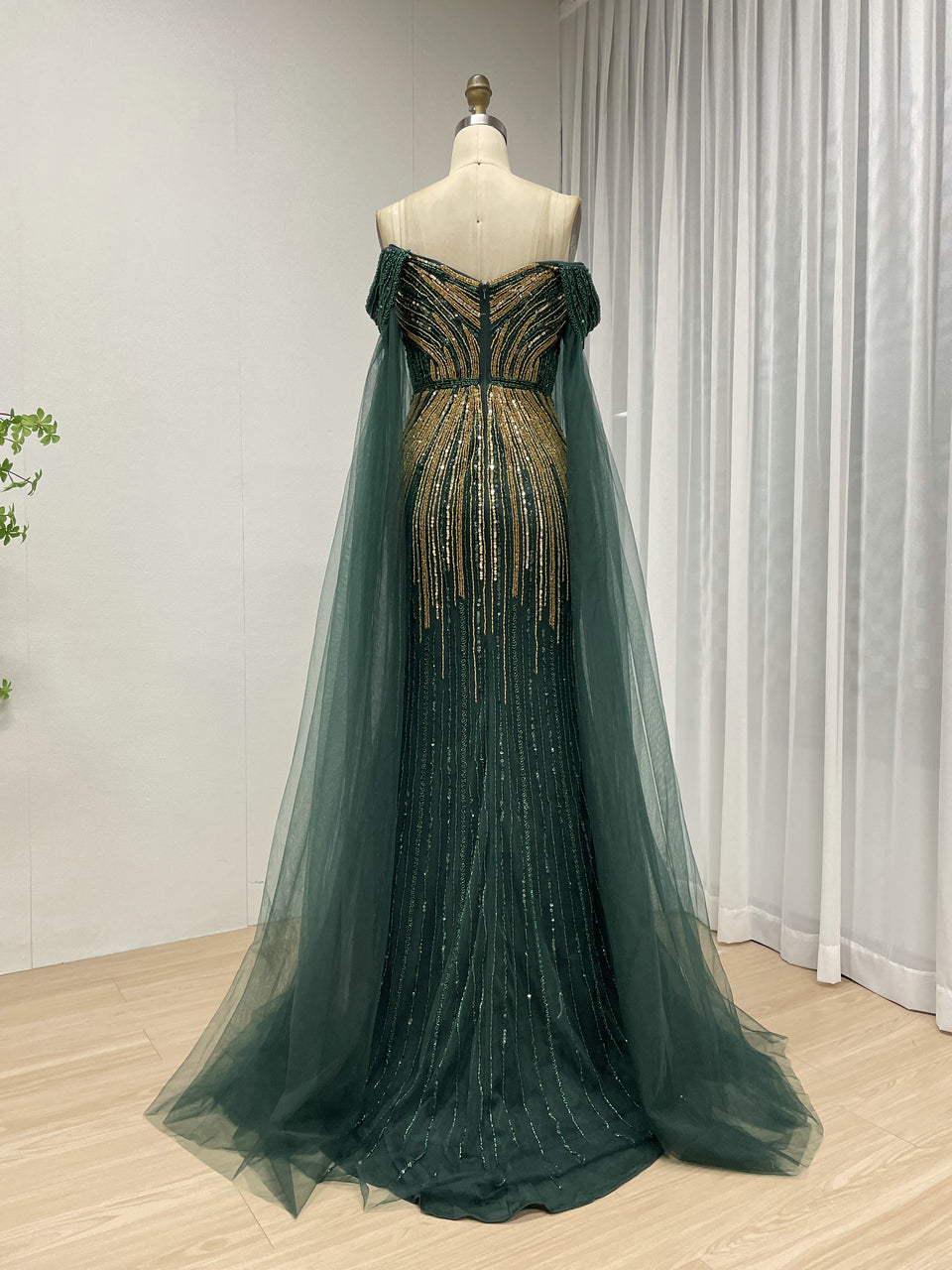 Elegant Off Shoulder Mix Color Beading Royal Blue Cape Sleeve Wedding Party Evening Dress MB40391