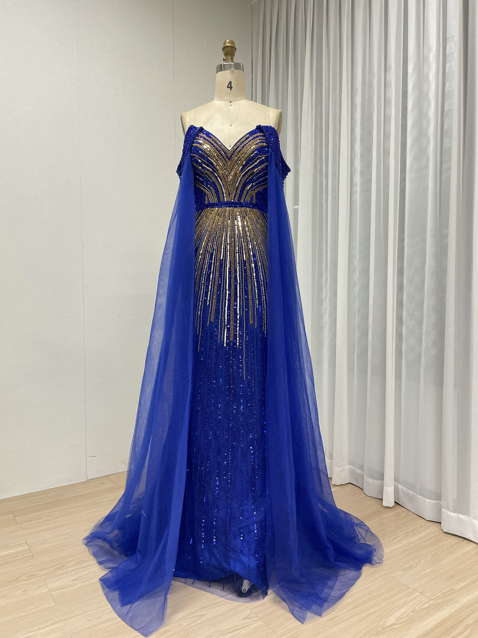 Elegant Off Shoulder Mix Color Beading Royal Blue Cape Sleeve Wedding Party Evening Dress MB40391