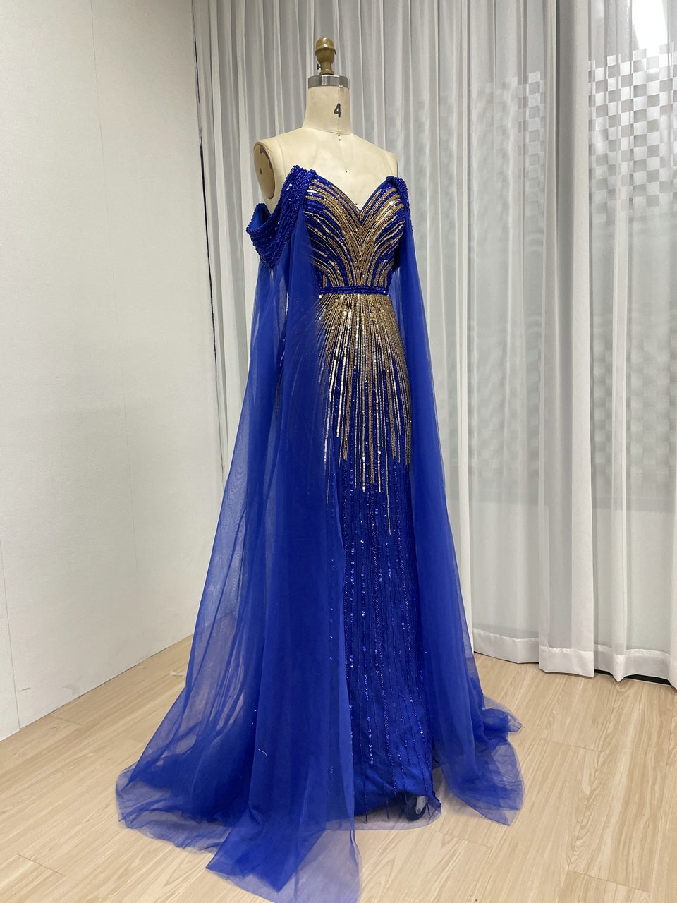 Elegant Off Shoulder Mix Color Beading Royal Blue Cape Sleeve Wedding Party Evening Dress MB40391