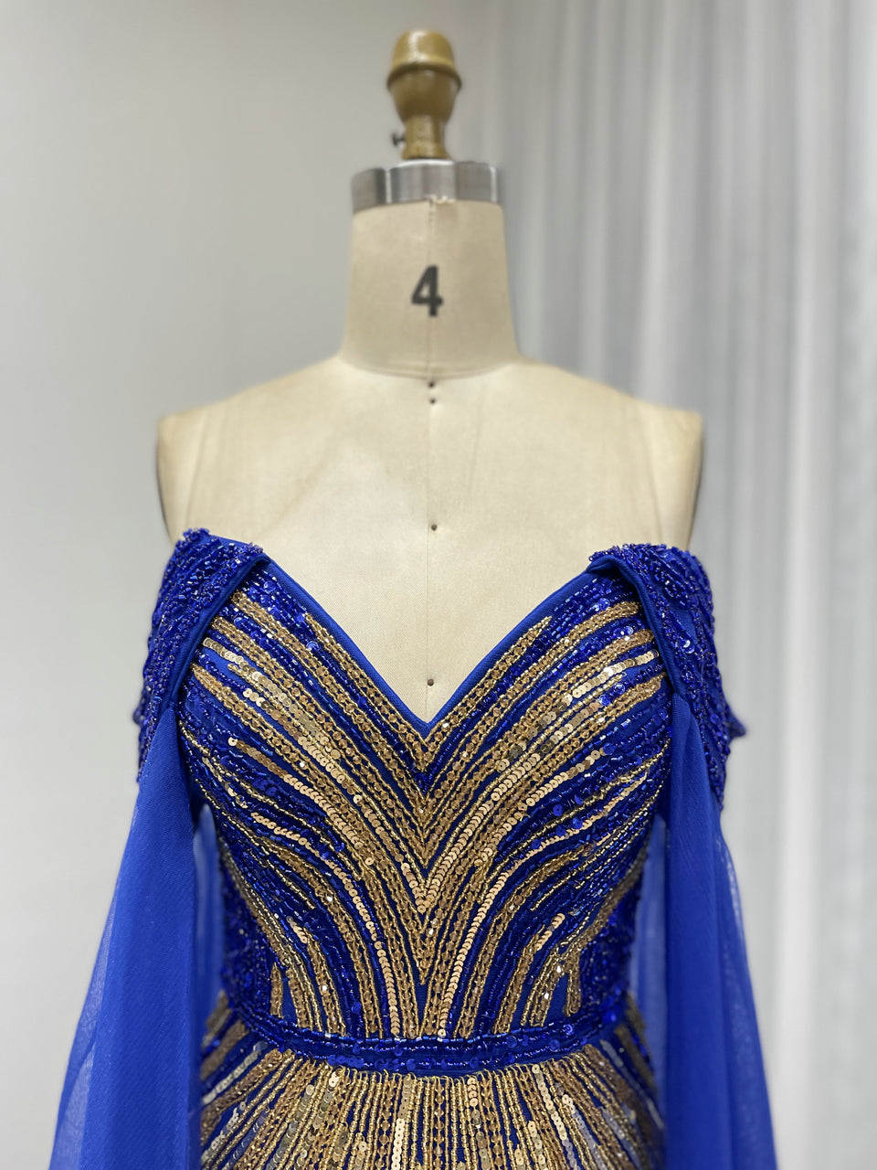 Elegant Off Shoulder Mix Color Beading Royal Blue Cape Sleeve Wedding Party Evening Dress MB40391