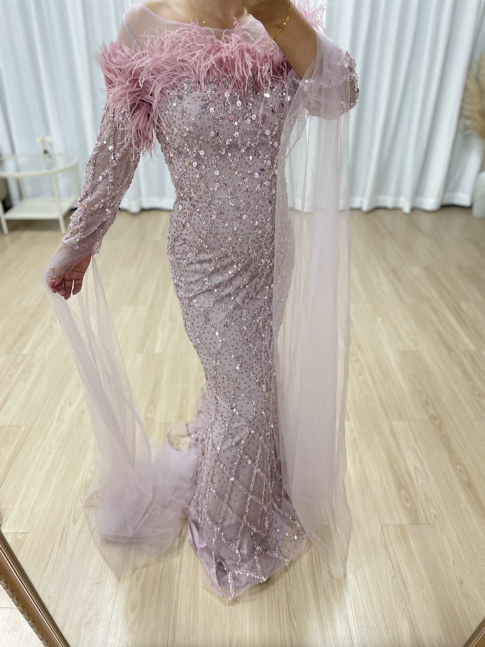 Off Shoulder Feather Embellished Long Sleeve Beading Couture Evening Dress MB40392