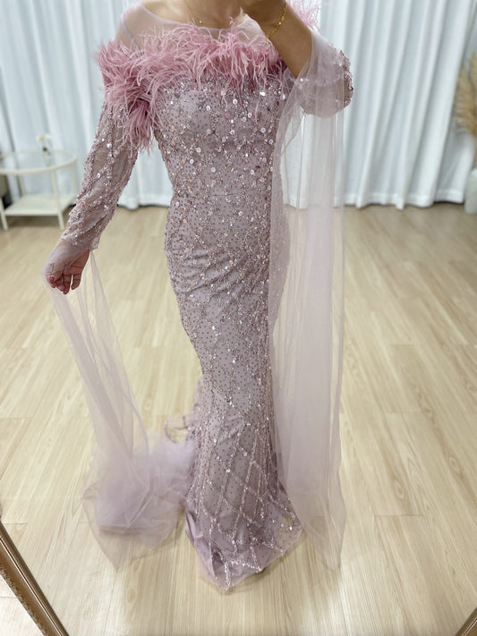 Off Shoulder Feather Embellished Long Sleeve Beading Couture Evening Dress MB40392