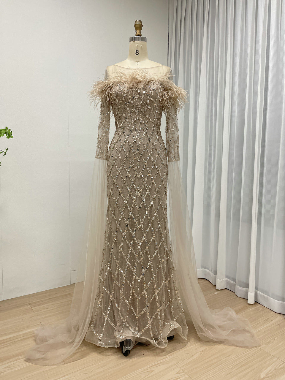 Off Shoulder Feather Embellished Long Sleeve Beading Couture Evening Dress MB40392