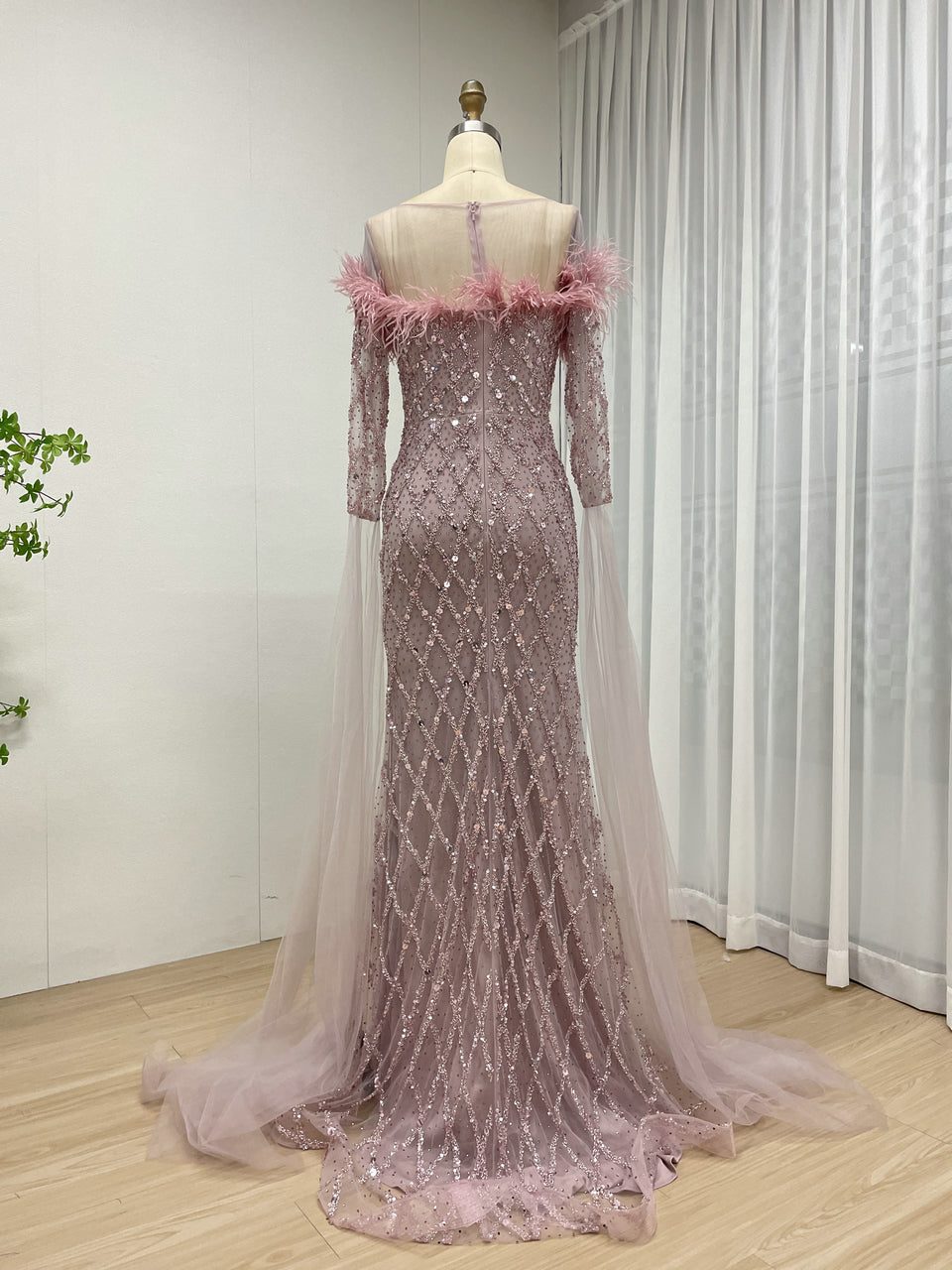 Off Shoulder Feather Embellished Long Sleeve Beading Couture Evening Dress MB40392