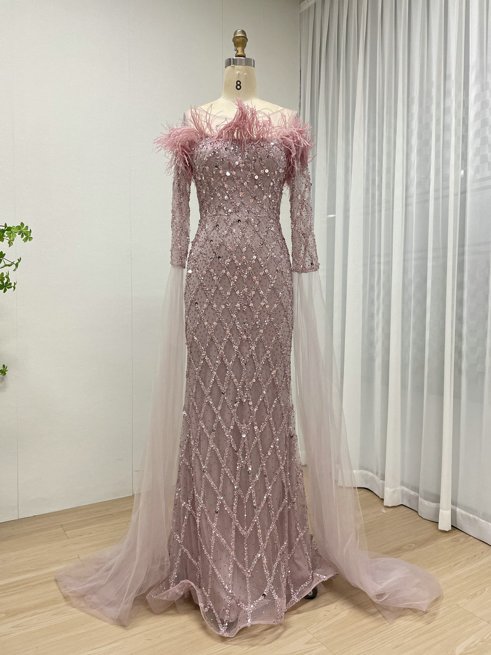 Off Shoulder Feather Embellished Long Sleeve Beading Couture Evening Dress MB40392