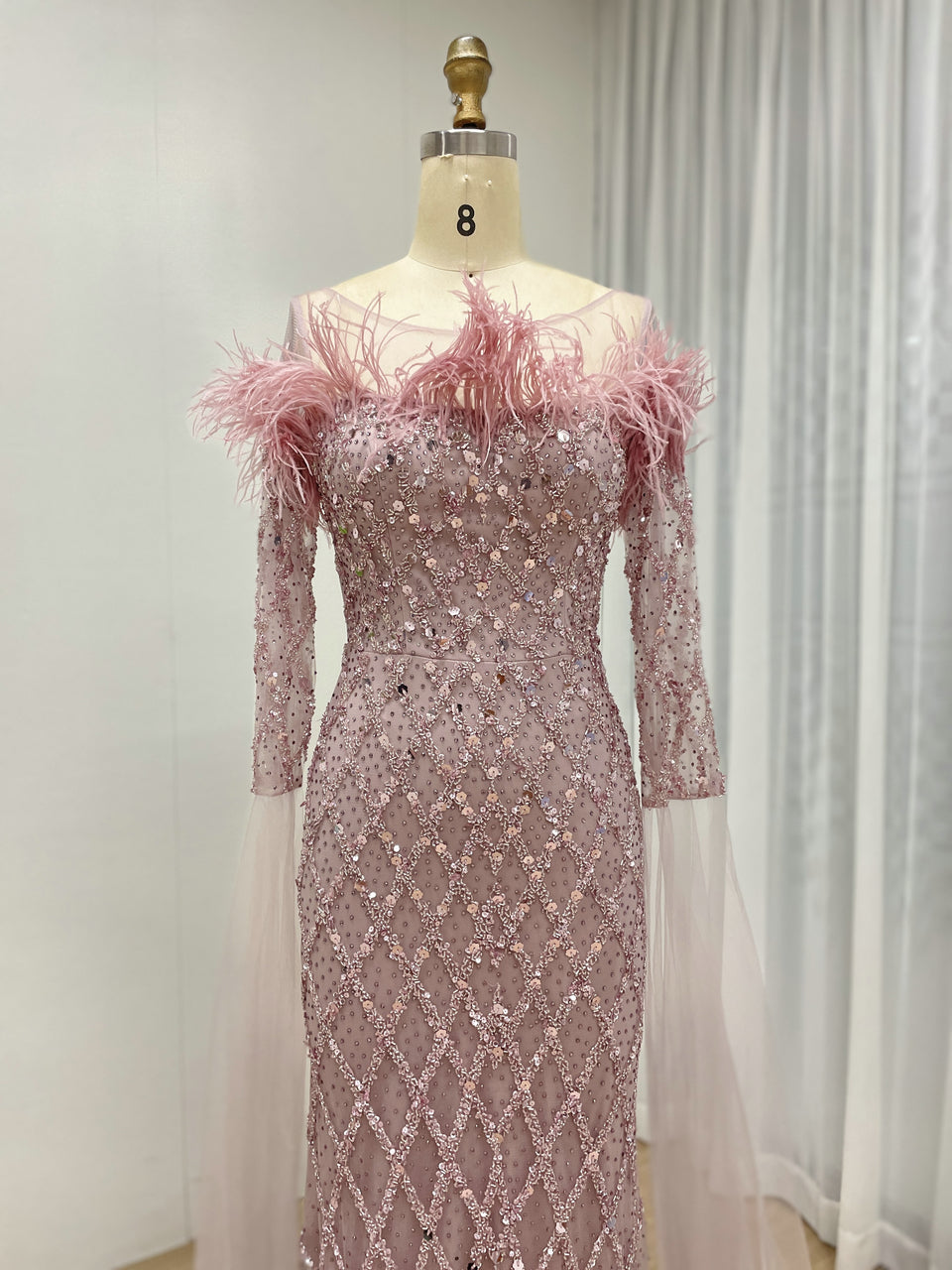 Off Shoulder Feather Embellished Long Sleeve Beading Couture Evening Dress MB40392