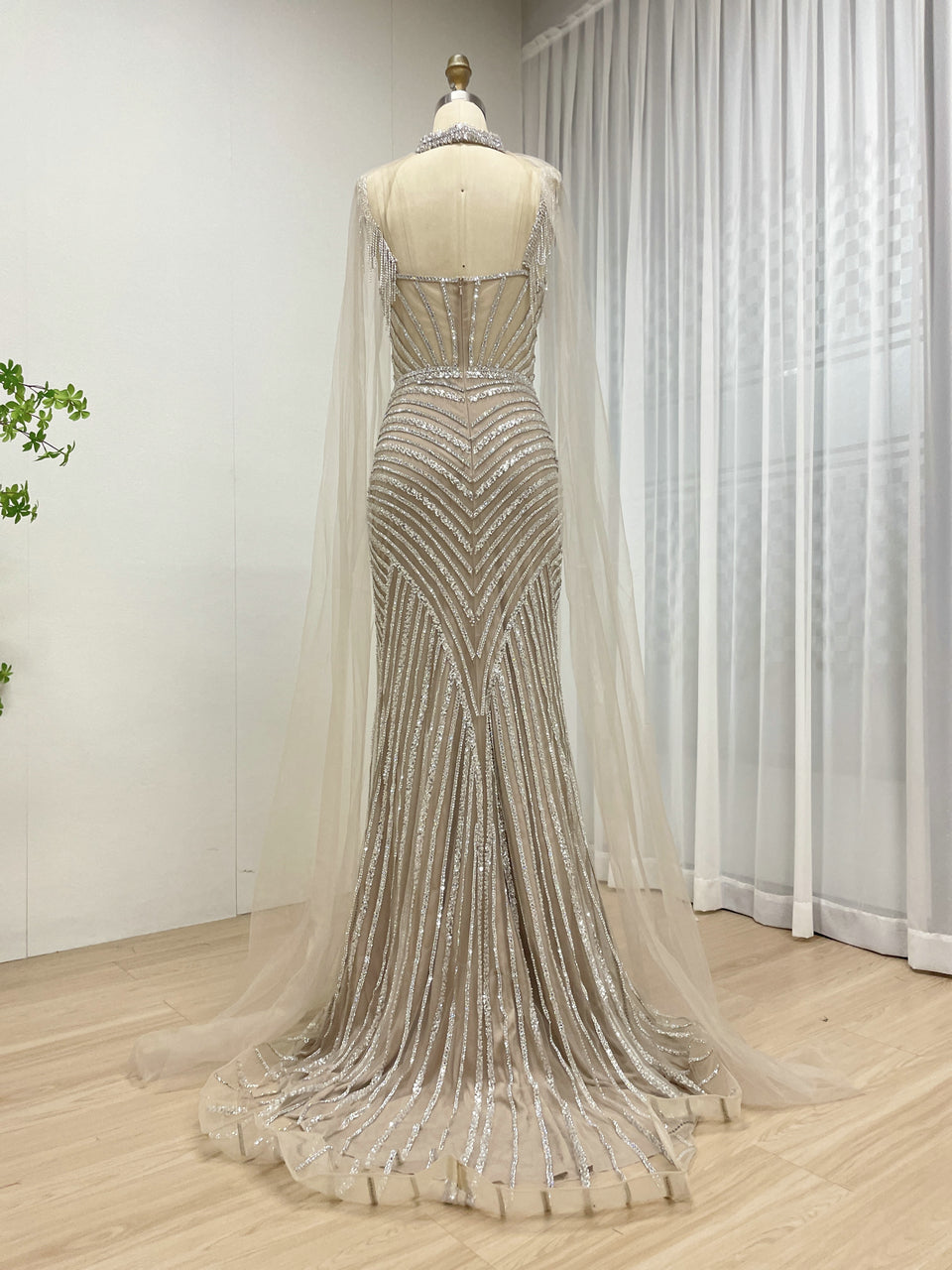 Removable Cape Sleeve Spaghetti Strap Sweetheart Light Blue Mermaid Evening Dress MB40394