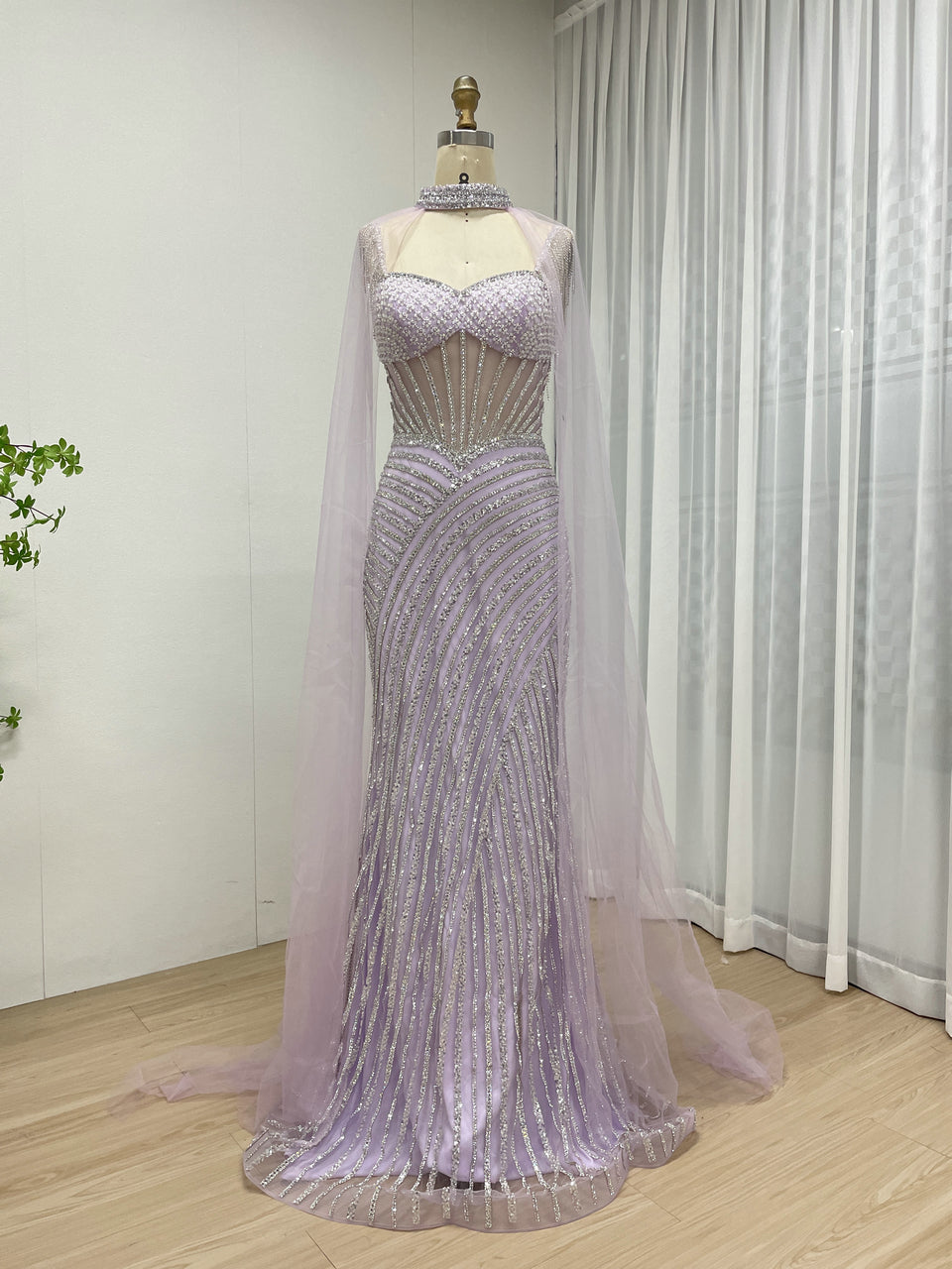 Removable Cape Sleeve Spaghetti Strap Sweetheart Light Blue Mermaid Evening Dress MB40394