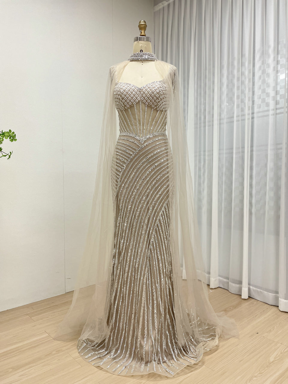 Removable Cape Sleeve Spaghetti Strap Sweetheart Light Blue Mermaid Evening Dress MB40394