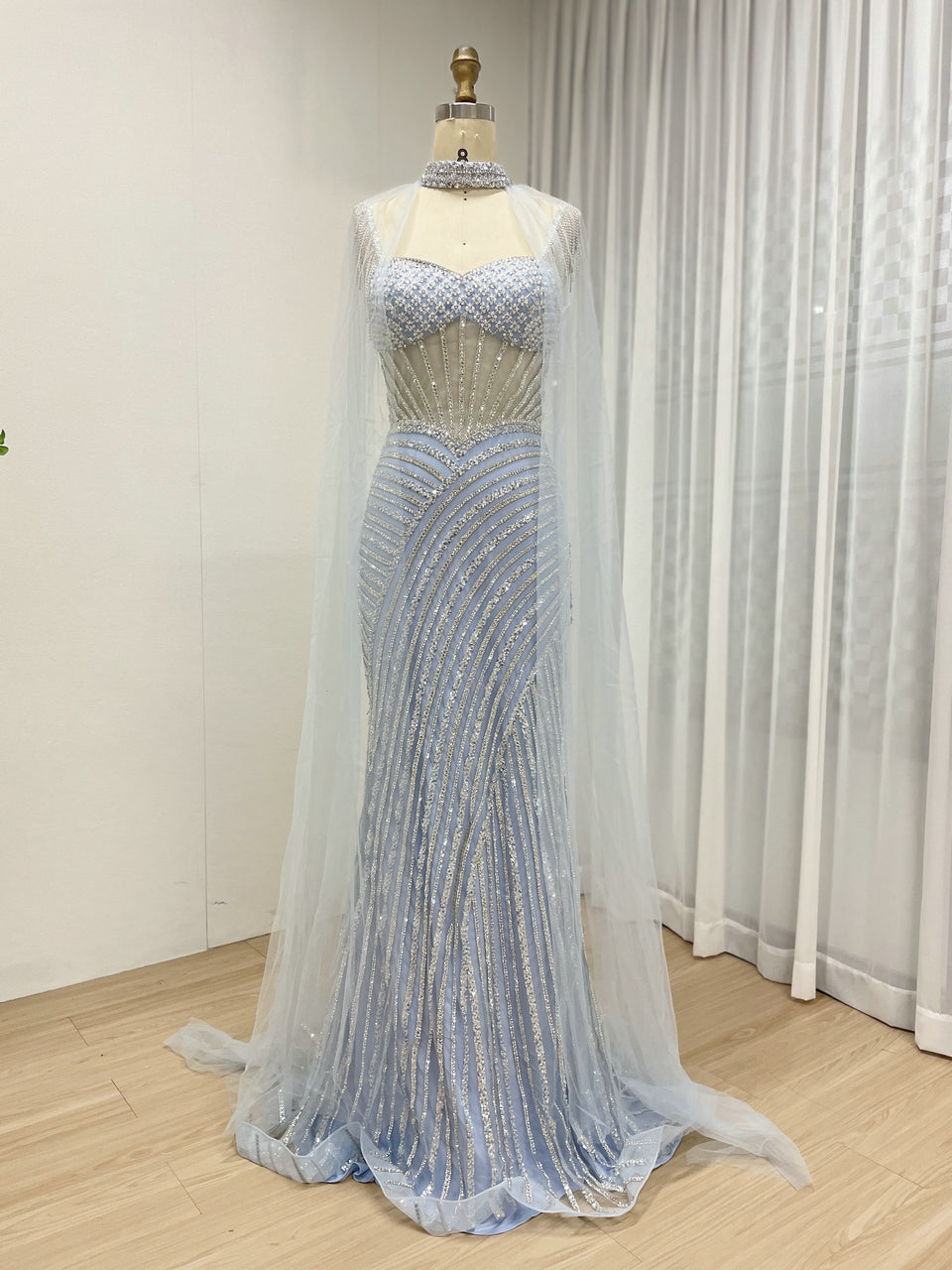 Removable Cape Sleeve Spaghetti Strap Sweetheart Light Blue Mermaid Evening Dress MB40394