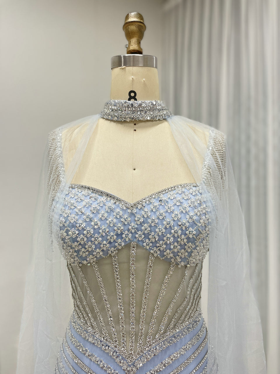 Removable Cape Sleeve Spaghetti Strap Sweetheart Light Blue Mermaid Evening Dress MB40394