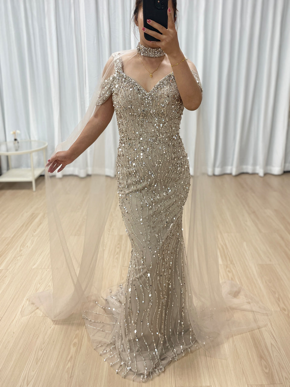 Off Shoulder Couture Handmade Beading Caramel Evening Dress MB40395