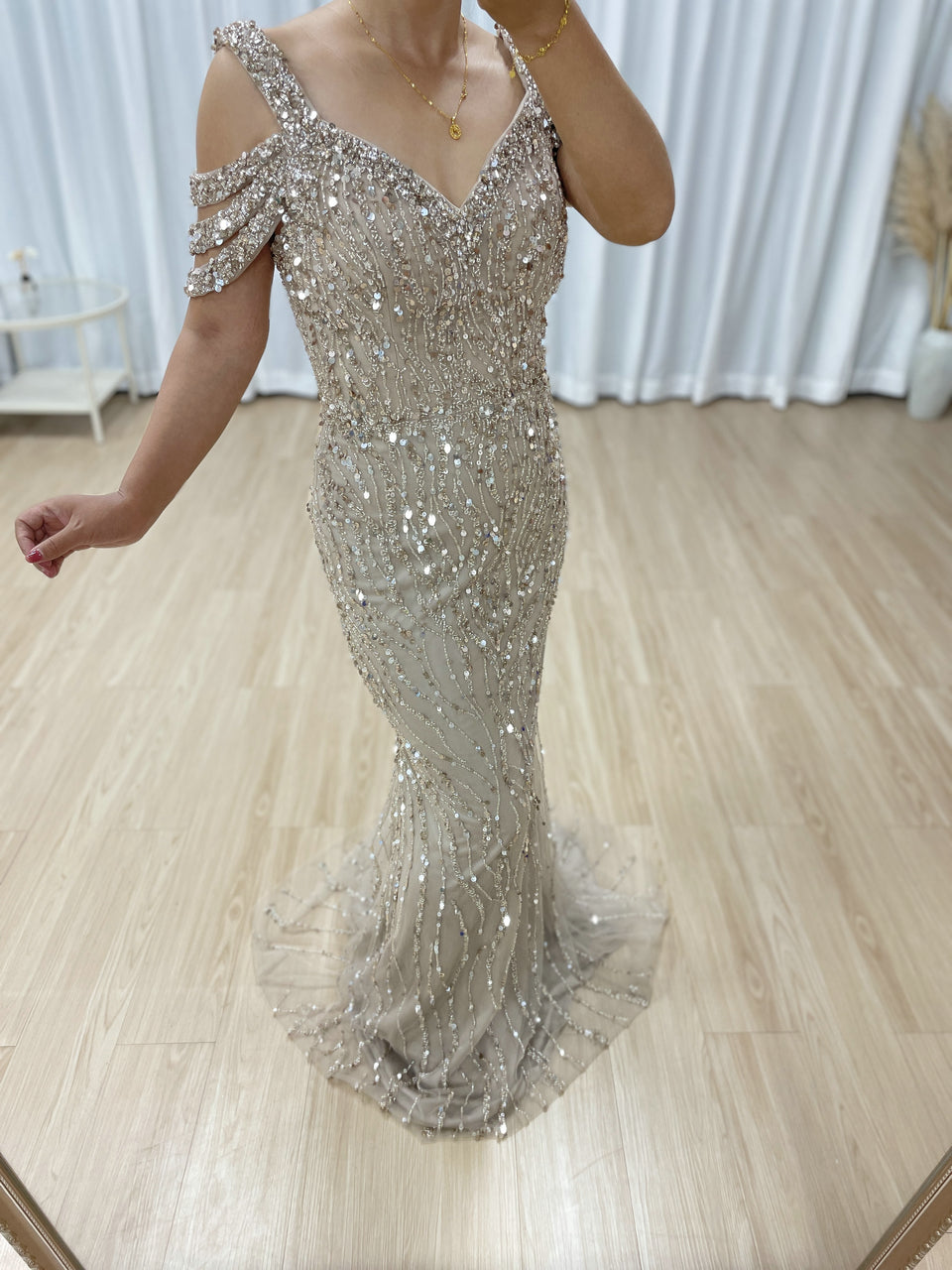Off Shoulder Couture Handmade Beading Caramel Evening Dress MB40395