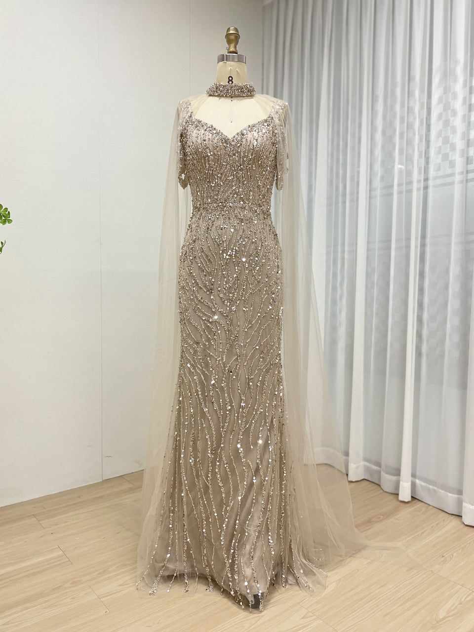Off Shoulder Couture Handmade Beading Caramel Evening Dress MB40395