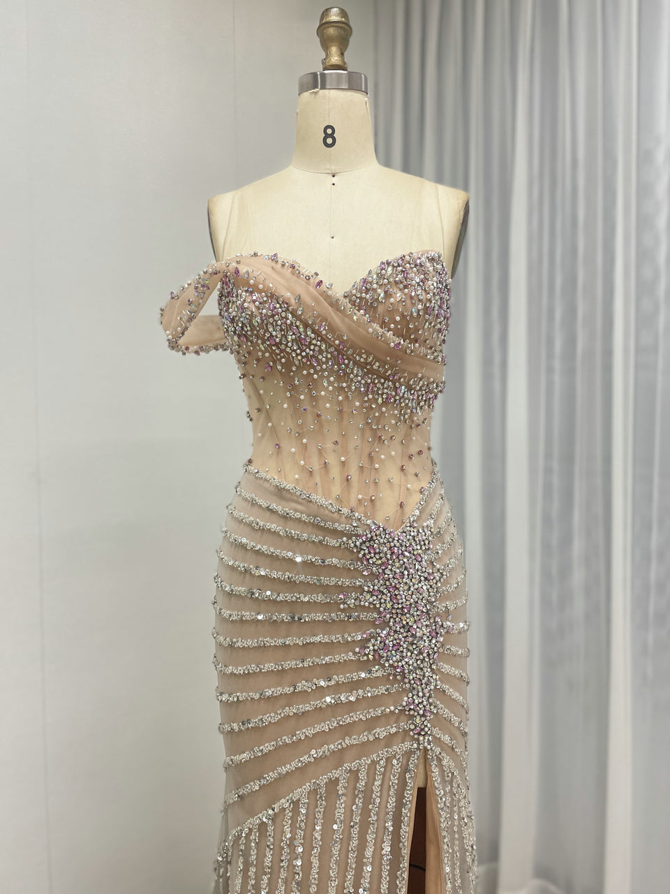 Gorgeous Beaded Off-the-Shoulder Evening Gown with Sheer Corset Bodice and Thigh-High Slit MB40396B