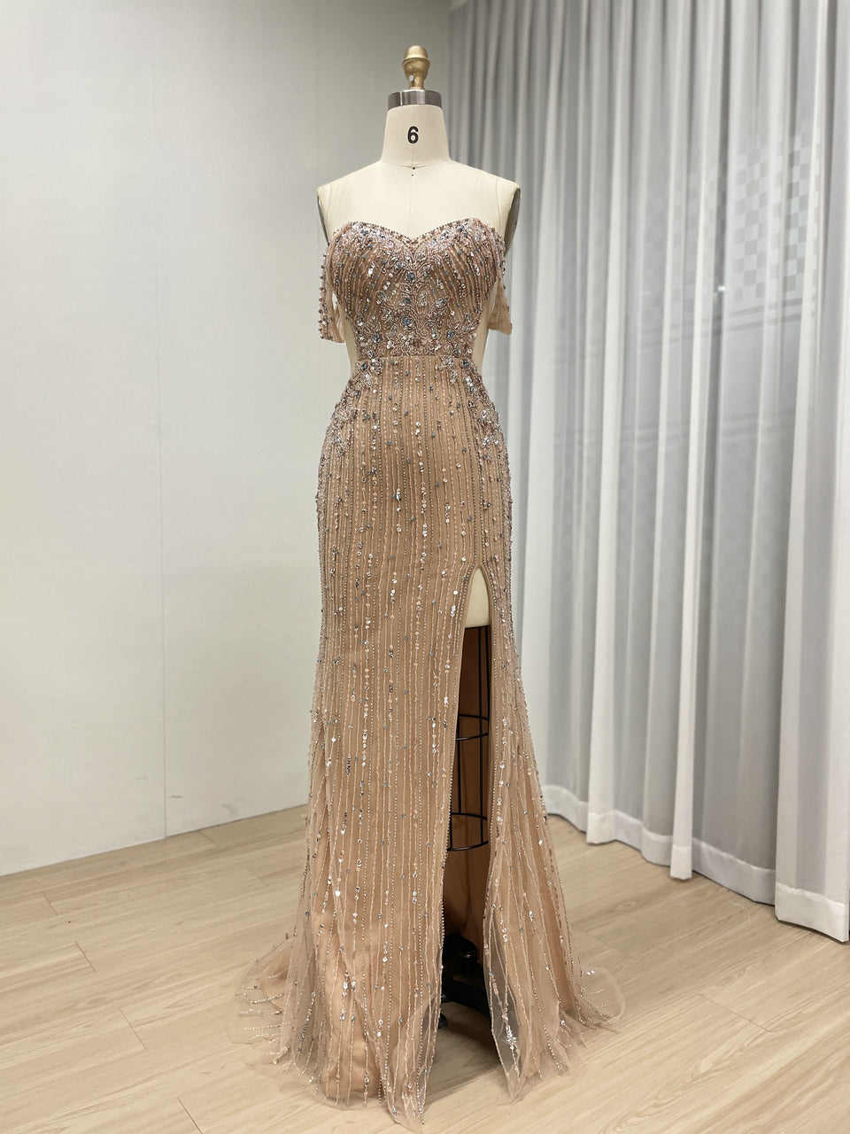 Exquisite Champagne Prom Dress with Pearl Embellishments Off-Shoulder Style MB40399