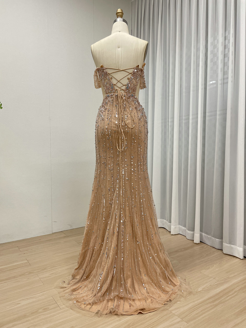 Exquisite Champagne Prom Dress with Pearl Embellishments Off-Shoulder Style MB40399