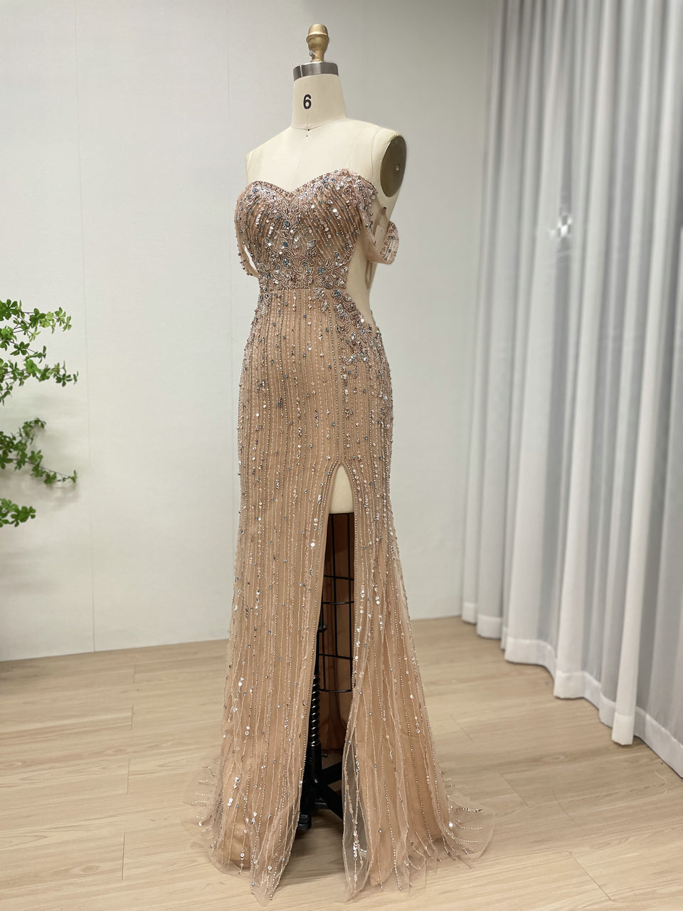 Exquisite Champagne Prom Dress with Pearl Embellishments Off-Shoulder Style MB40399