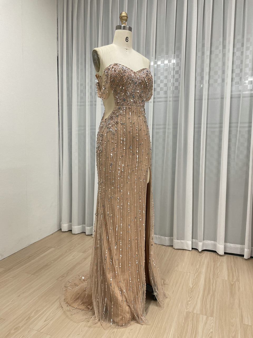 Exquisite Champagne Prom Dress with Pearl Embellishments Off-Shoulder Style MB40399