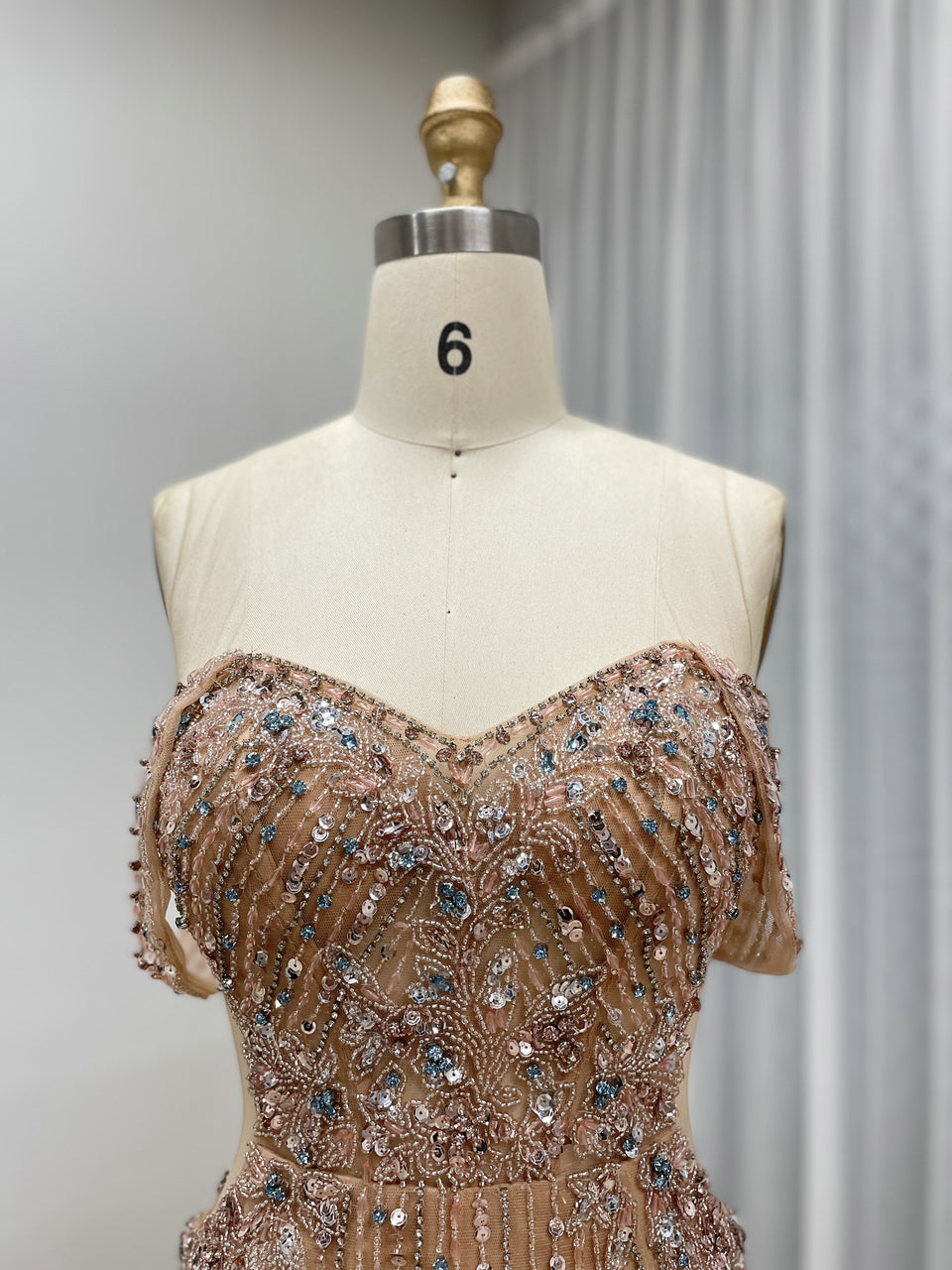 Exquisite Champagne Prom Dress with Pearl Embellishments Off-Shoulder Style MB40399