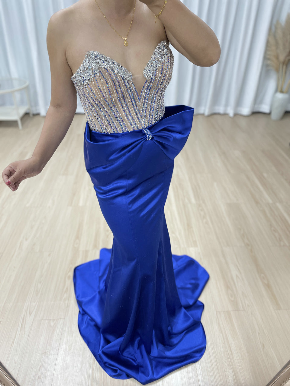 Stunning Blue Prom Dress with Rhinestone Top Large Bow Floor-Length Skirt MB40401