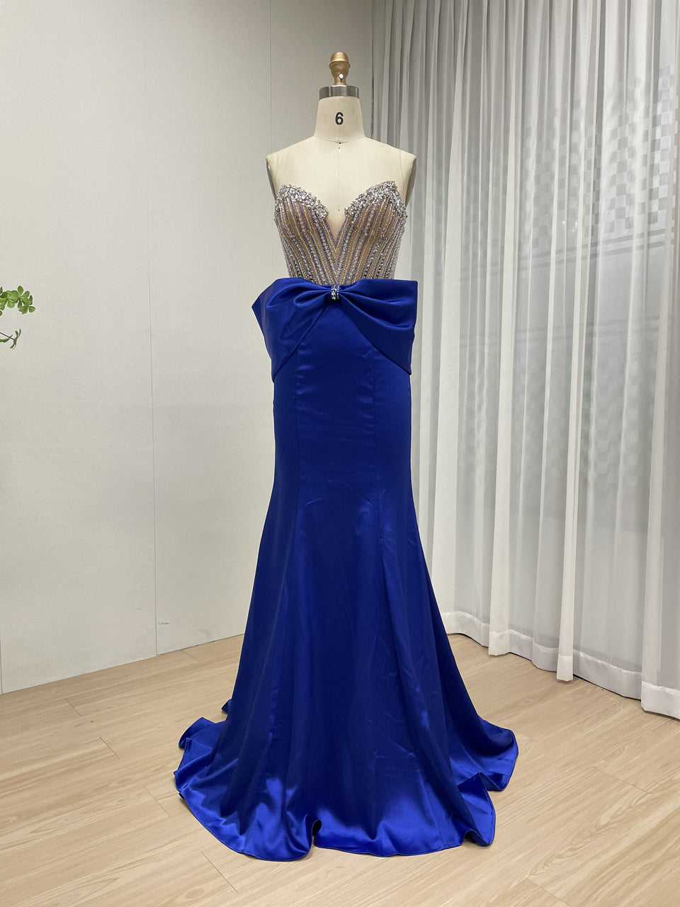 Stunning Blue Prom Dress with Rhinestone Top Large Bow Floor-Length Skirt MB40401