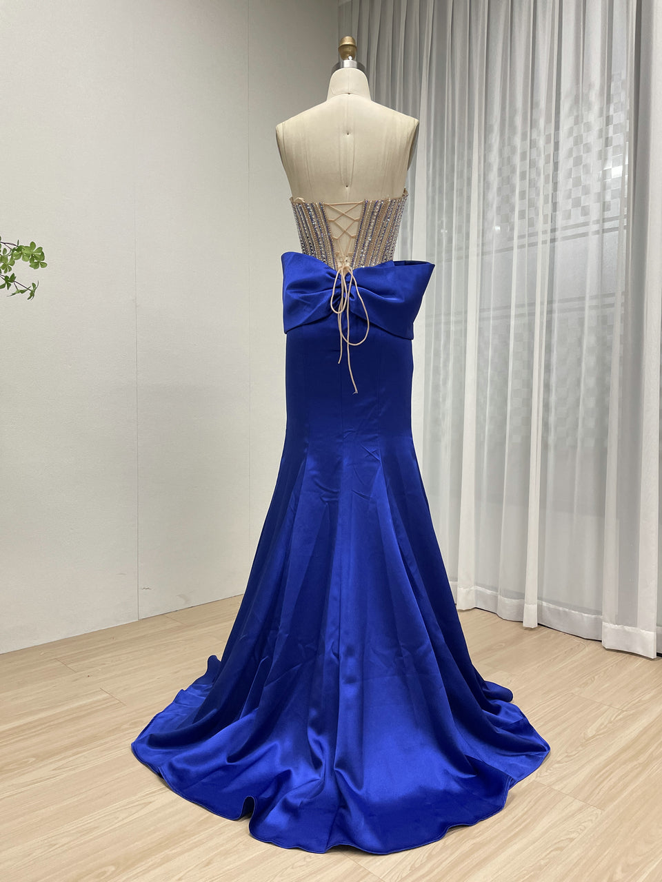 Stunning Blue Prom Dress with Rhinestone Top Large Bow Floor-Length Skirt MB40401