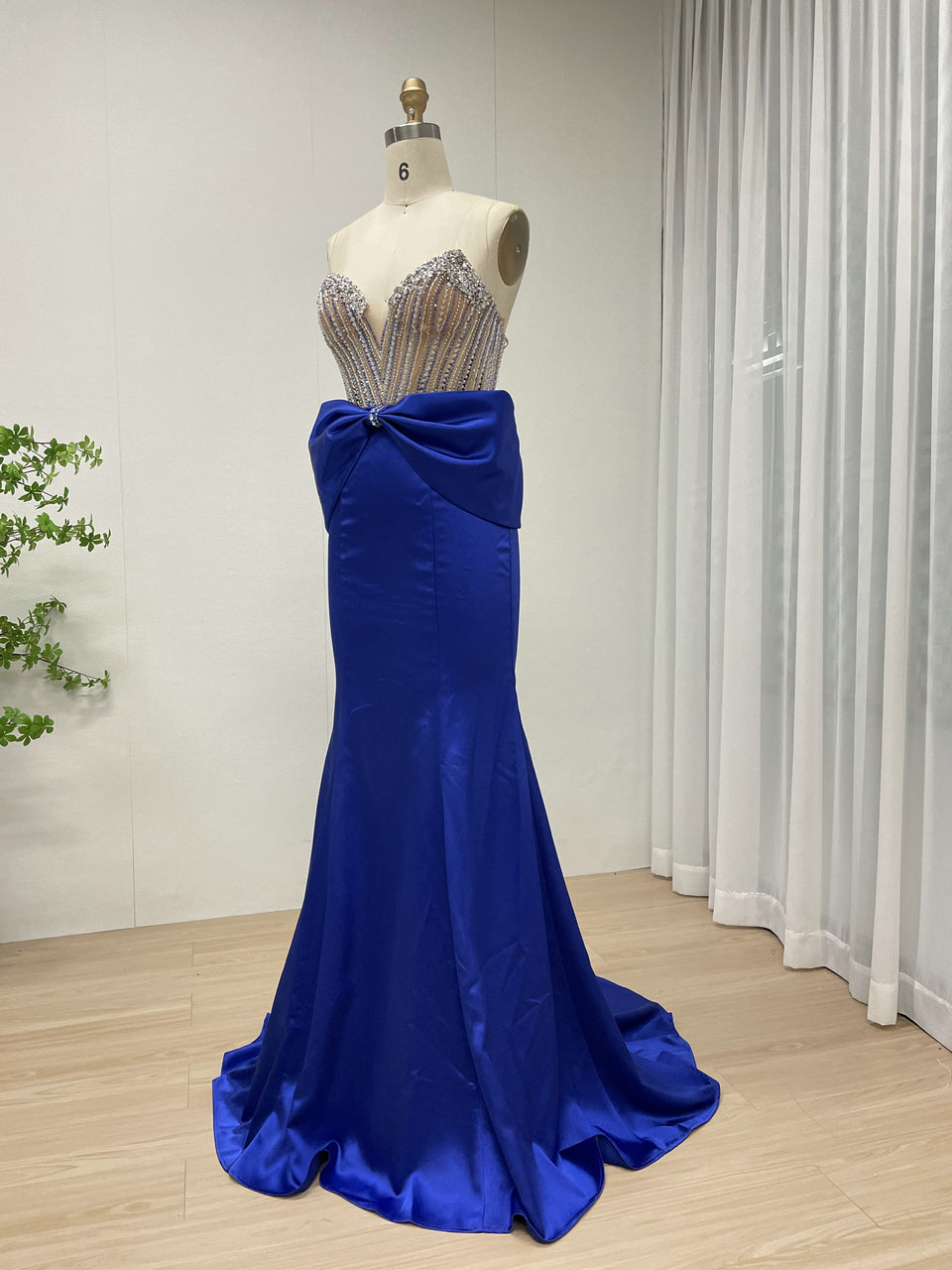 Stunning Blue Prom Dress with Rhinestone Top Large Bow Floor-Length Skirt MB40401