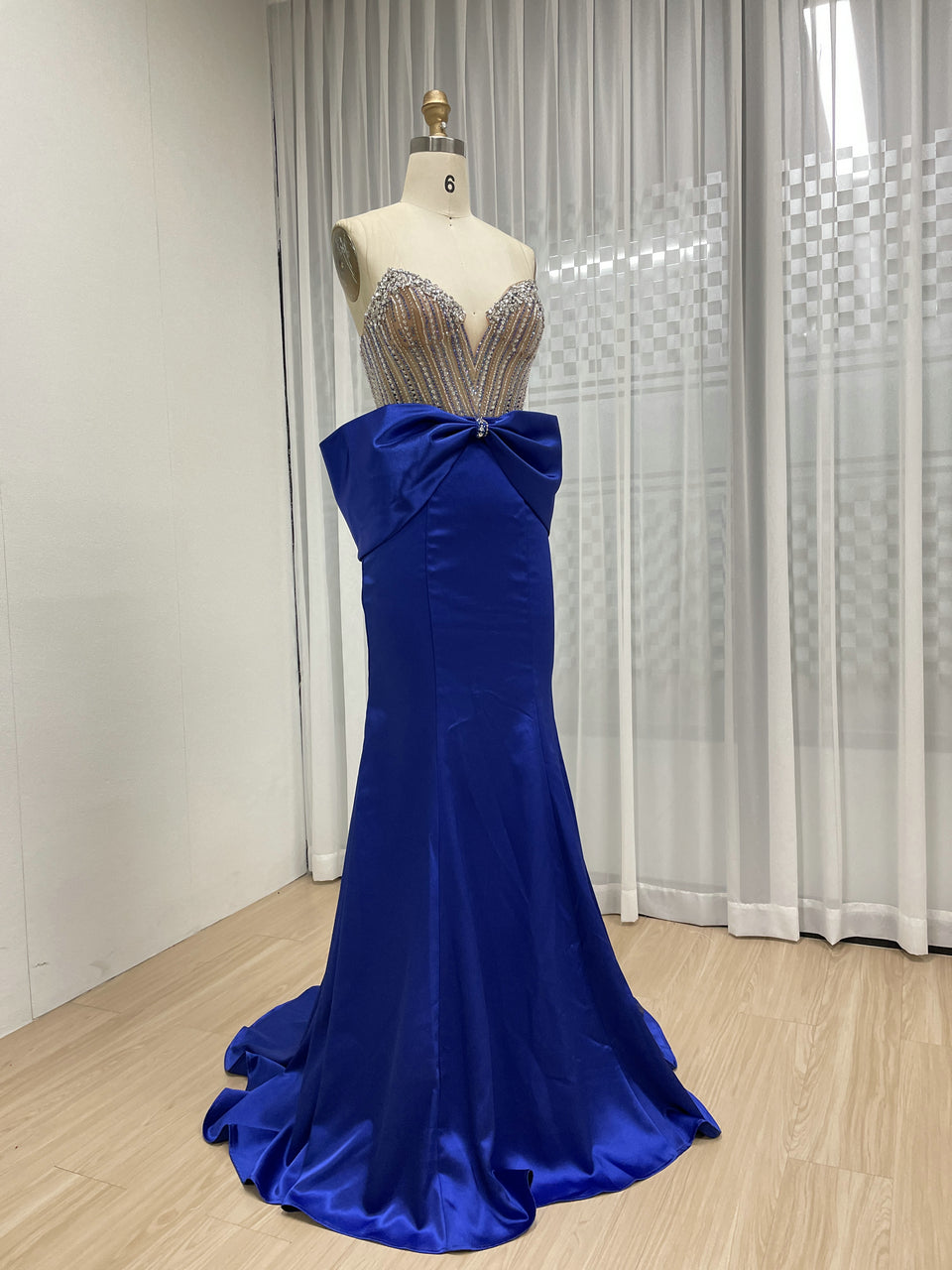 Stunning Blue Prom Dress with Rhinestone Top Large Bow Floor-Length Skirt MB40401