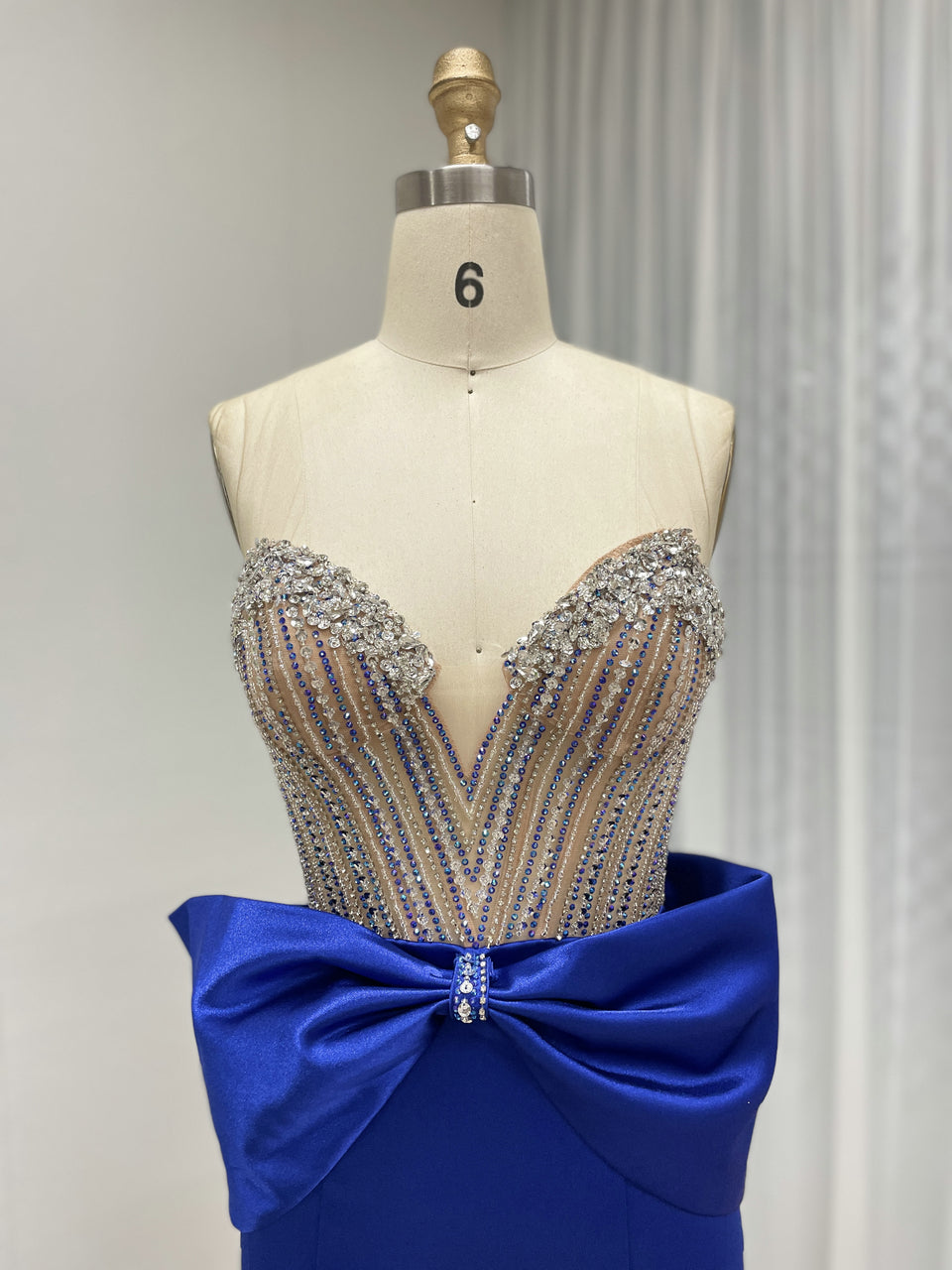 Stunning Blue Prom Dress with Rhinestone Top Large Bow Floor-Length Skirt MB40401