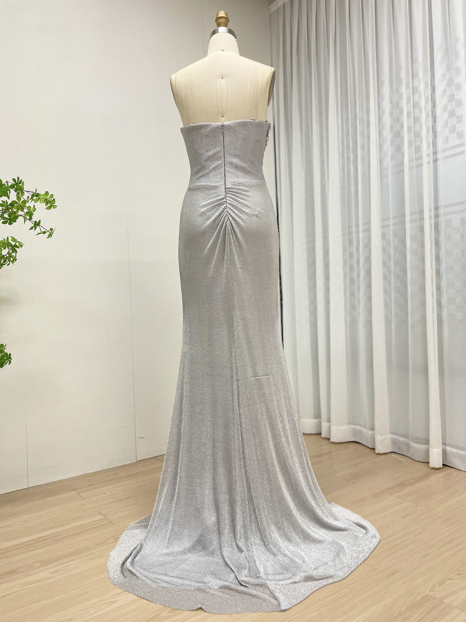 Silver Shimmer Sweetheart Prom Dress with High Slit and Rhinestone Bodice MB40402B