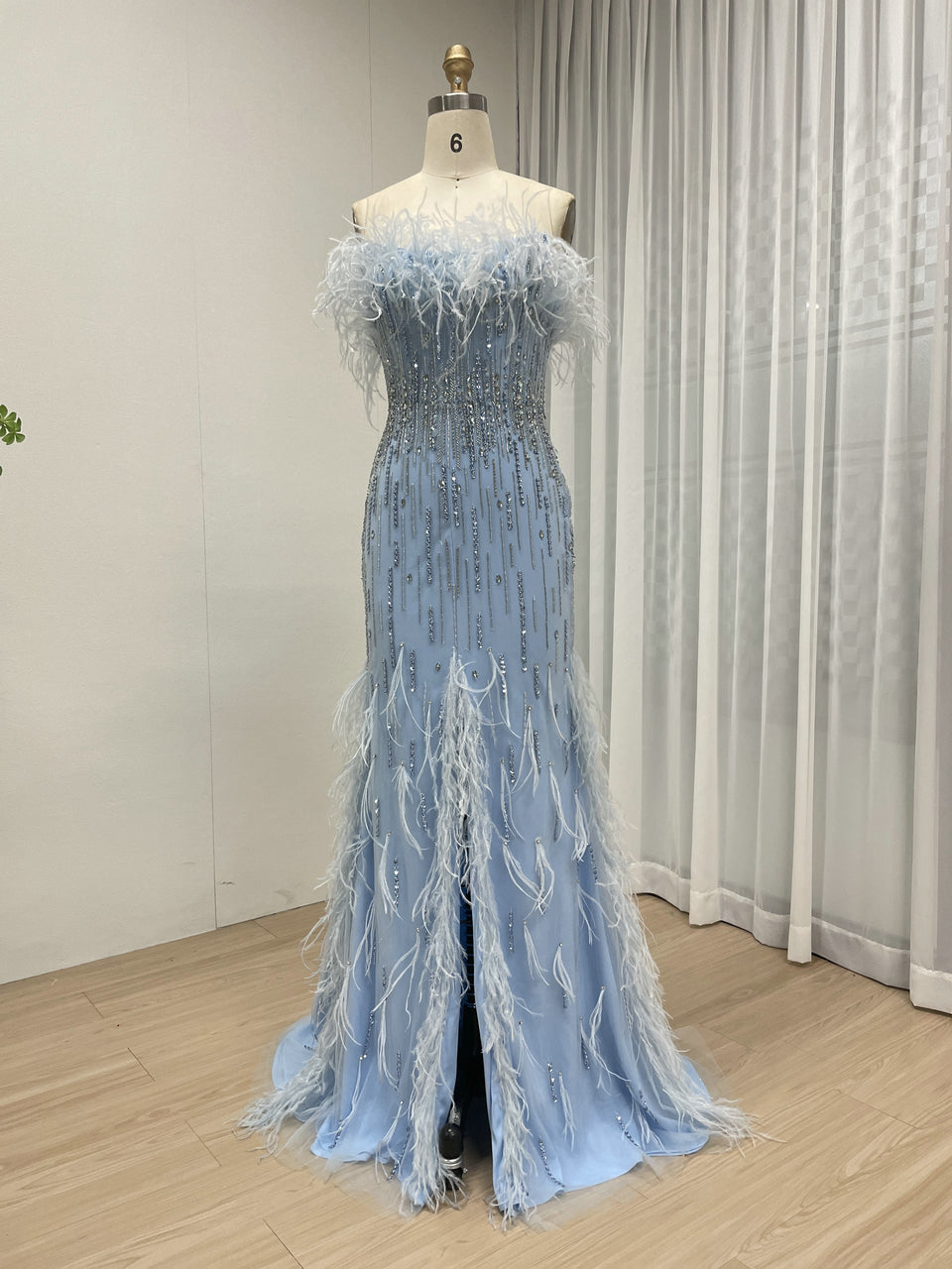 Classy Feather Neckline High Slit Prom Evening Dress Embellished Luxury Handmade Beaded for Formal Occasion MB40403