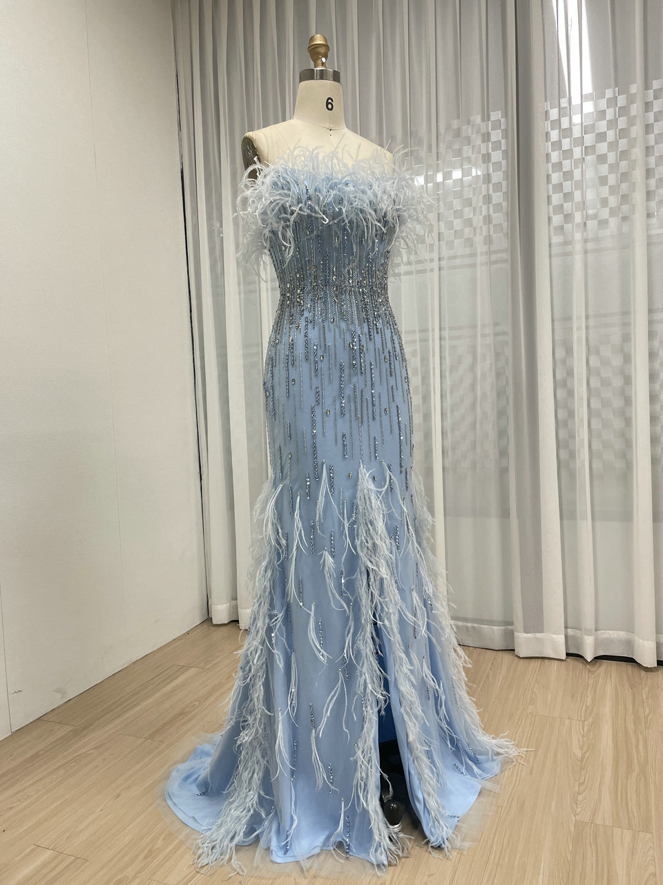 Classy Feather Neckline High Slit Prom Evening Dress Embellished Luxury Handmade Beaded for Formal Occasion MB40403