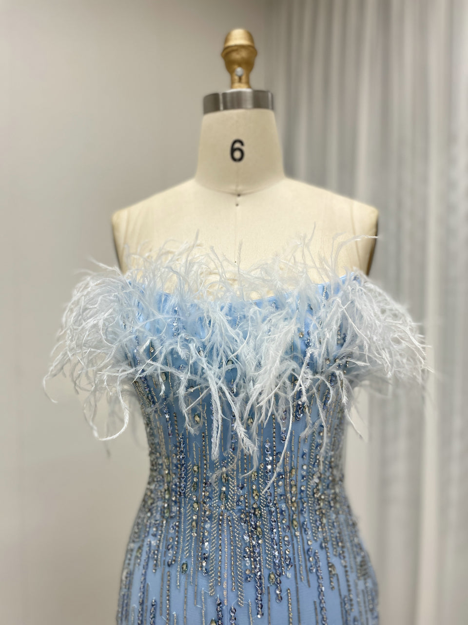 Classy Feather Neckline High Slit Prom Evening Dress Embellished Luxury Handmade Beaded for Formal Occasion MB40403