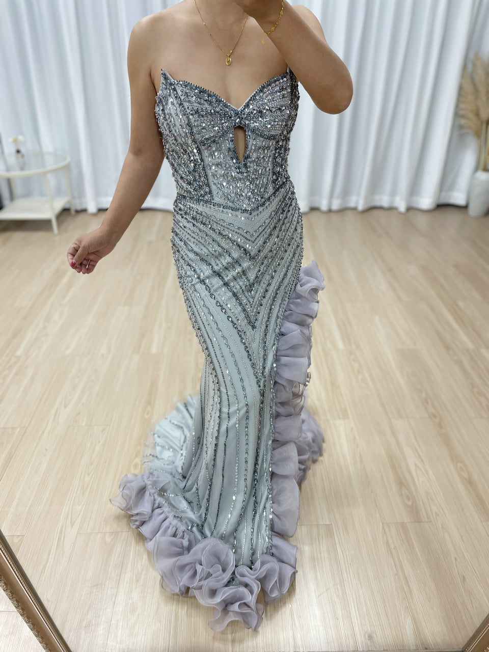 Sophisticated Gray Evening Gown with Beads Ruffle Layers Mermaid Fit MB40404