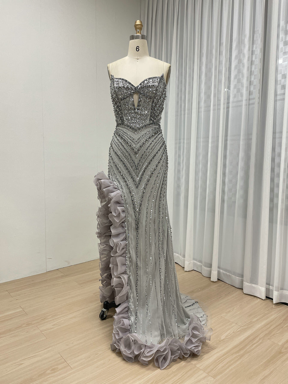 Sophisticated Gray Evening Gown with Beads Ruffle Layers Mermaid Fit MB40404