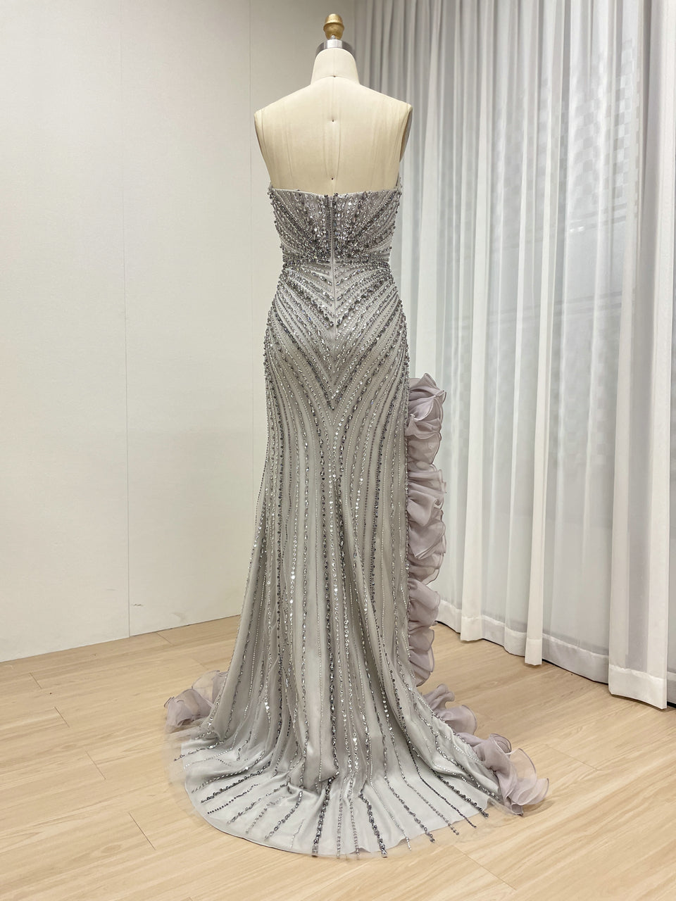 Sophisticated Gray Evening Gown with Beads Ruffle Layers Mermaid Fit MB40404